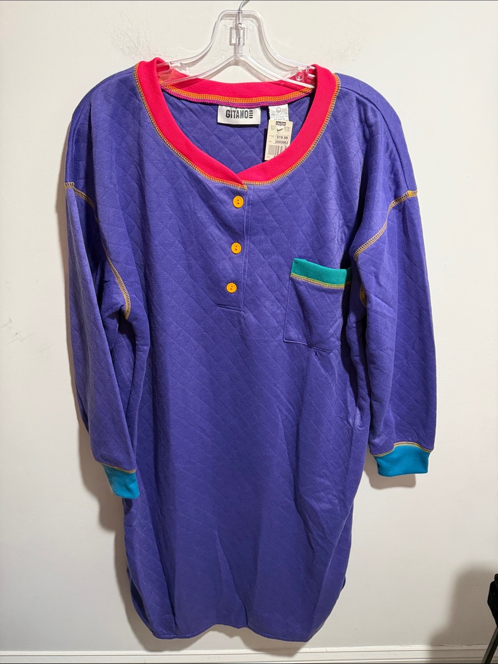 Vintage NWT Gitano Purple Nightgown with Pink Neckline and Teal Trim Size Large
